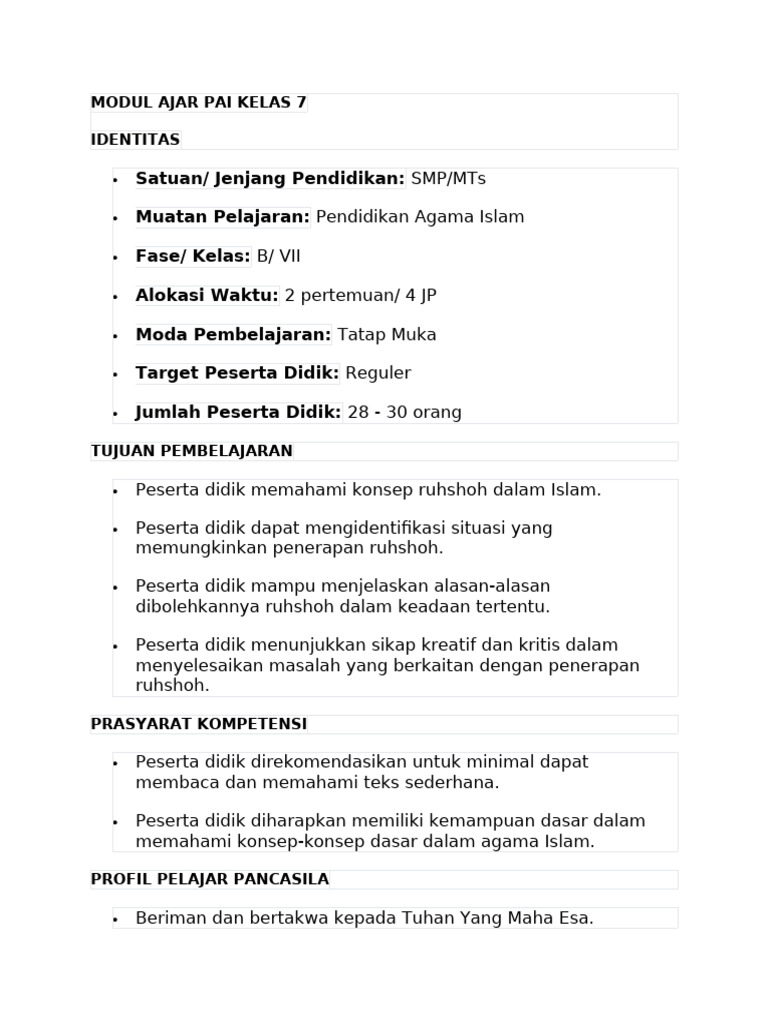 MODUL AJAR PAI KELAS 7 Bab Rukhsoh | PDF