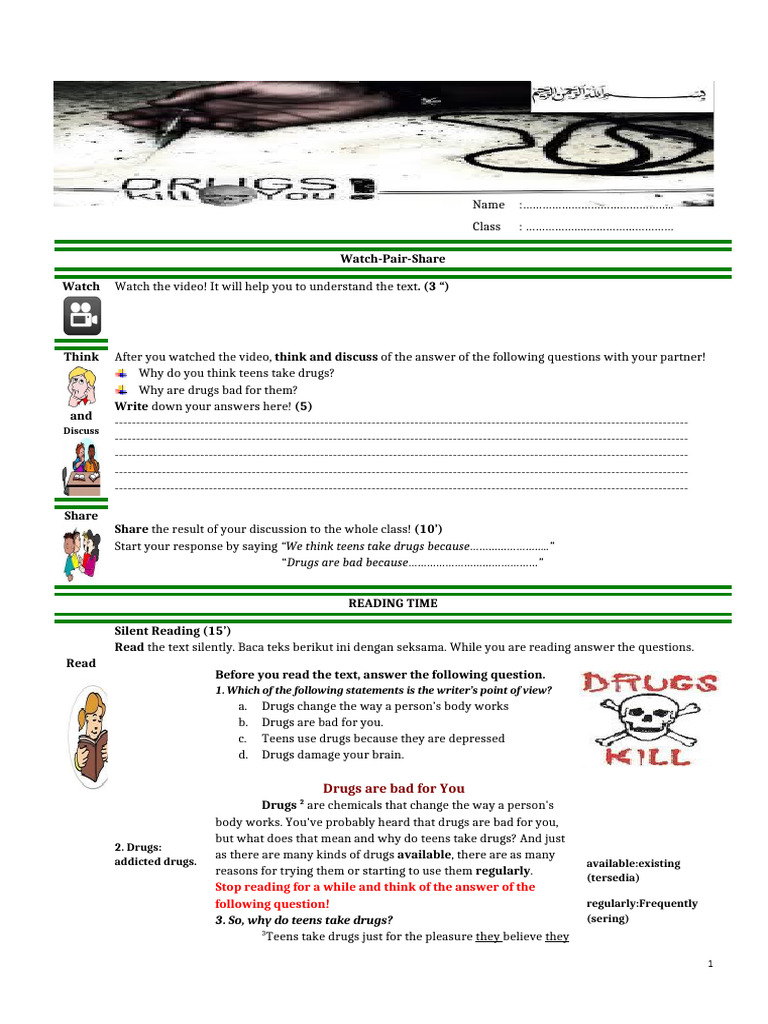 Worksheet DRUGS Hortatory | PDF | Adolescence | Drug Withdrawal