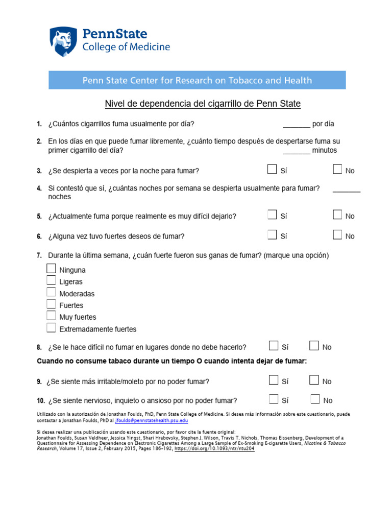Penn State Cigarette Dependence Index Spanish