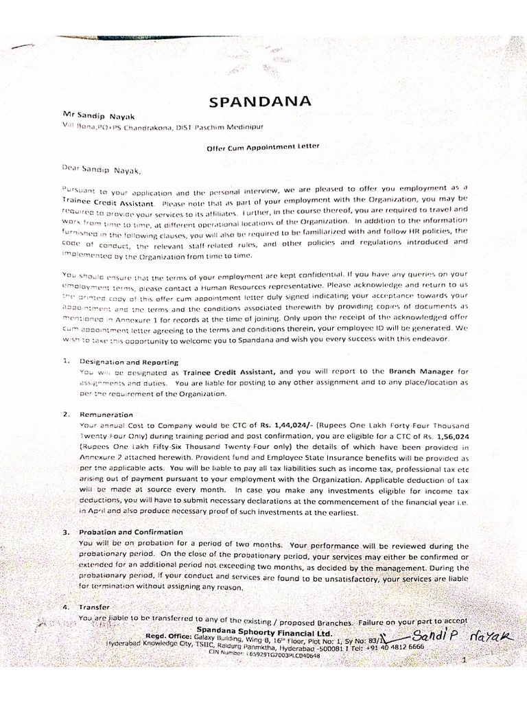 Joining Letter For Spandana | PDF