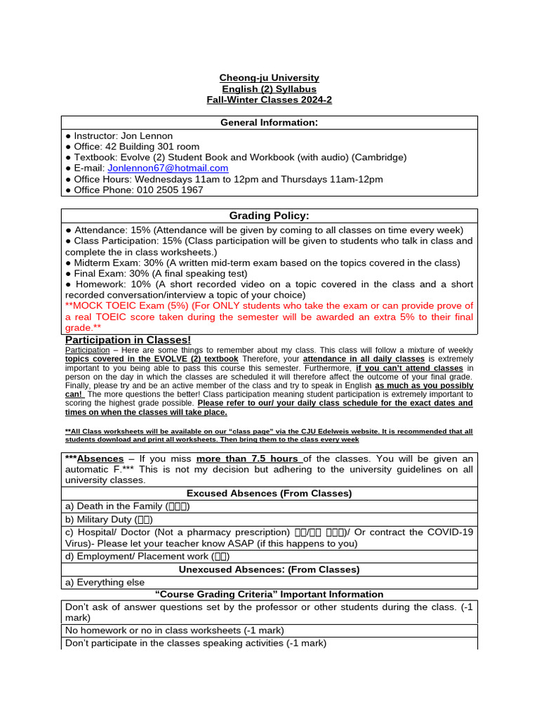 #English+2+Class+Syllabus+2024-2 3 | PDF
