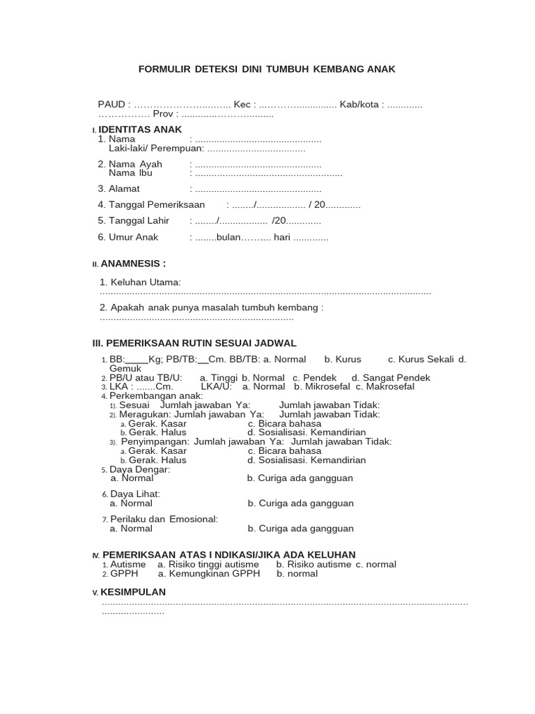 Formulir Deteksi Dini Tumbuh Kembang Anak Pdf