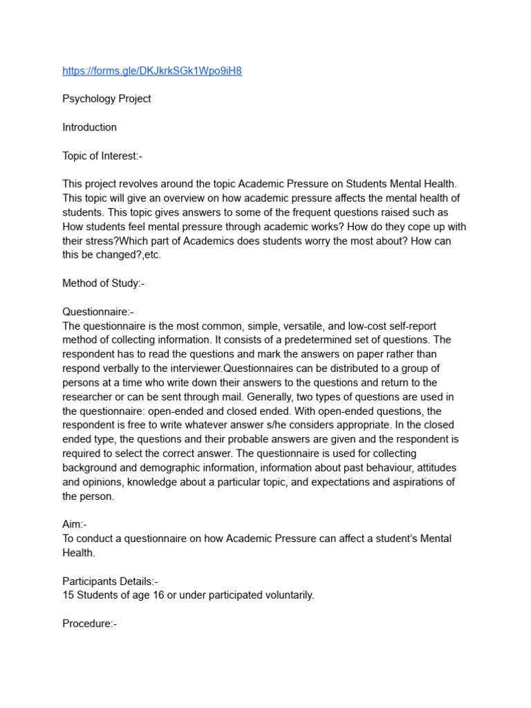 Psychology Project | PDF | Questionnaire | Cognition