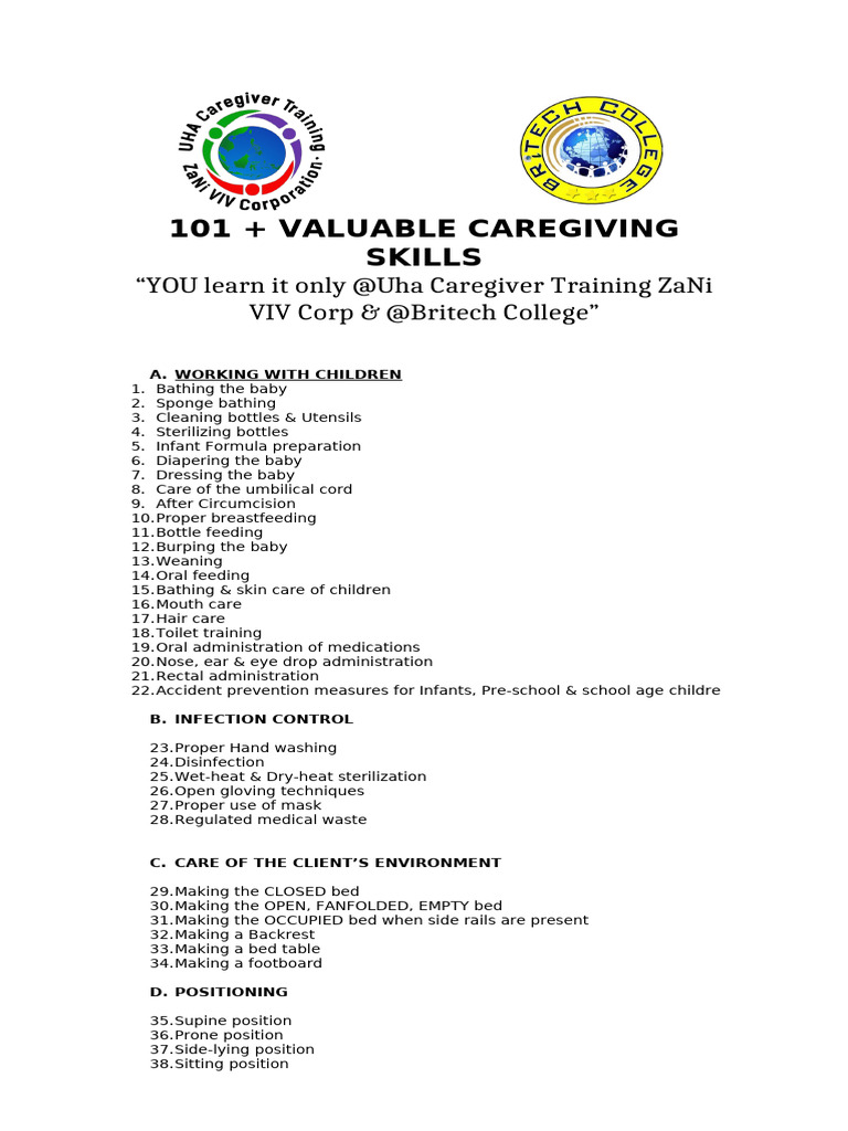 101 Valuable Caregiving Skills Table Form | PDF