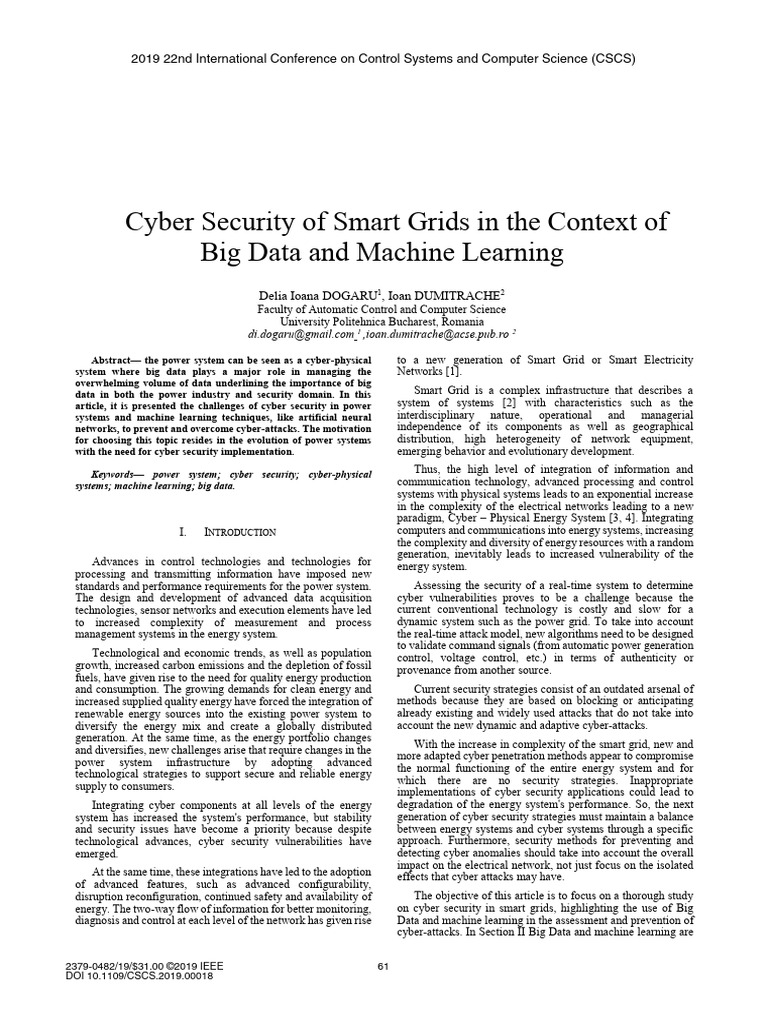 Cybersecurity in Smart Grids: Big Data & ML | PDF | Computer Security ...