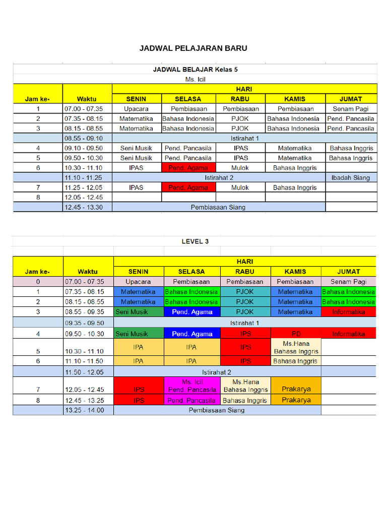JADWAL PELAJARAN BARU | PDF