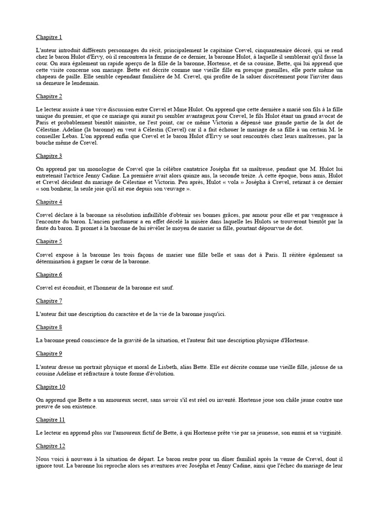 Résumé Chapitre Par Chapitre La Cousine Bette | PDF
