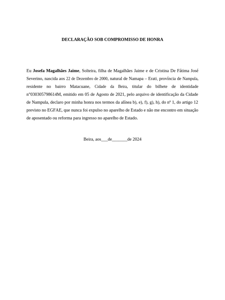 Declaração Sob Compromisso de Honra Josefa | PDF