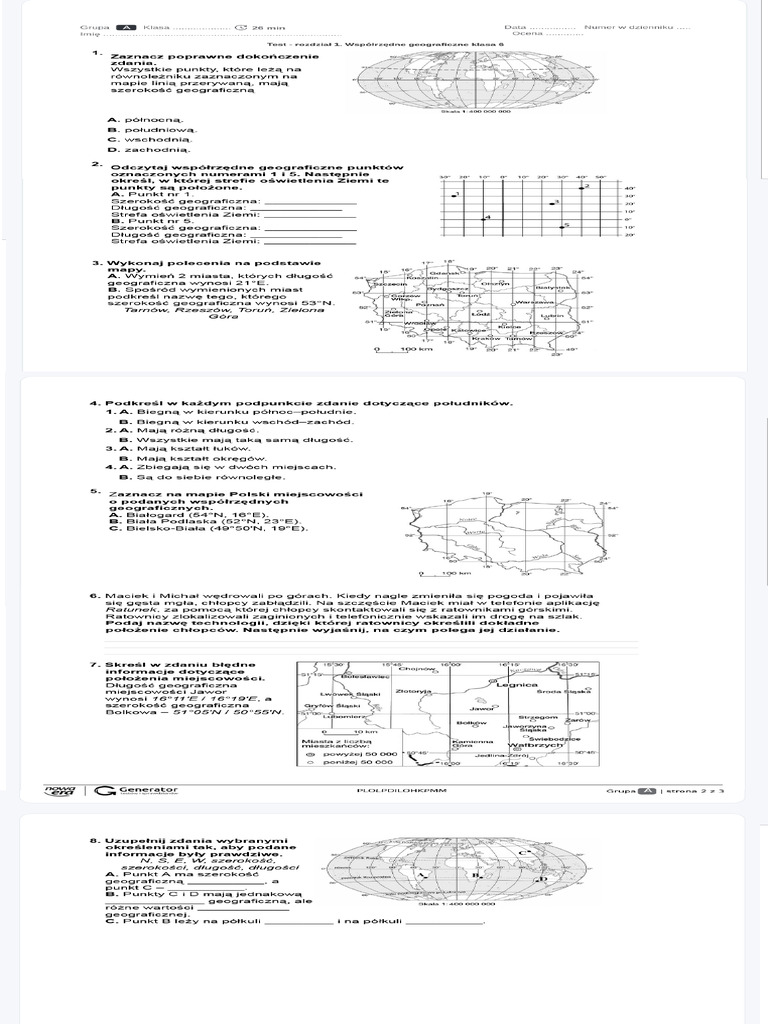 Geografia Klasa 6 Współrzędne Geograficzne Sprawdzian Test - Rozdział 1. Współrzędne Geograficzne Klasa 6 Test - SPE