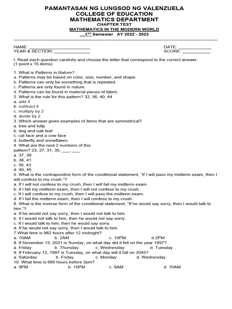 MMW Chapter Test | PDF
