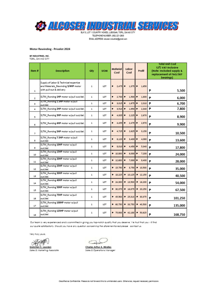 Motor Rewinding Pricelist 2024 | PDF