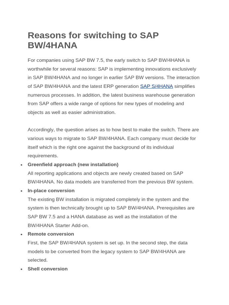 SAP BW/4HANA Migration Methods Guide | PDF | Information Technology ...