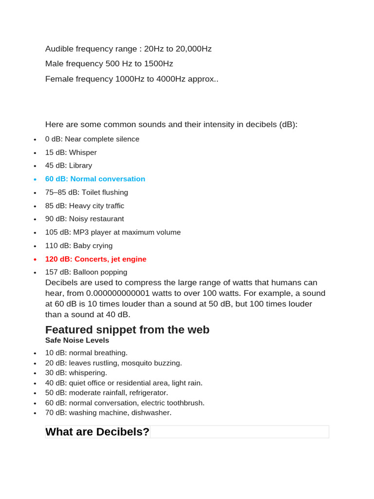 Sound Energy Levels In Decibell Pdf Decibel Noise