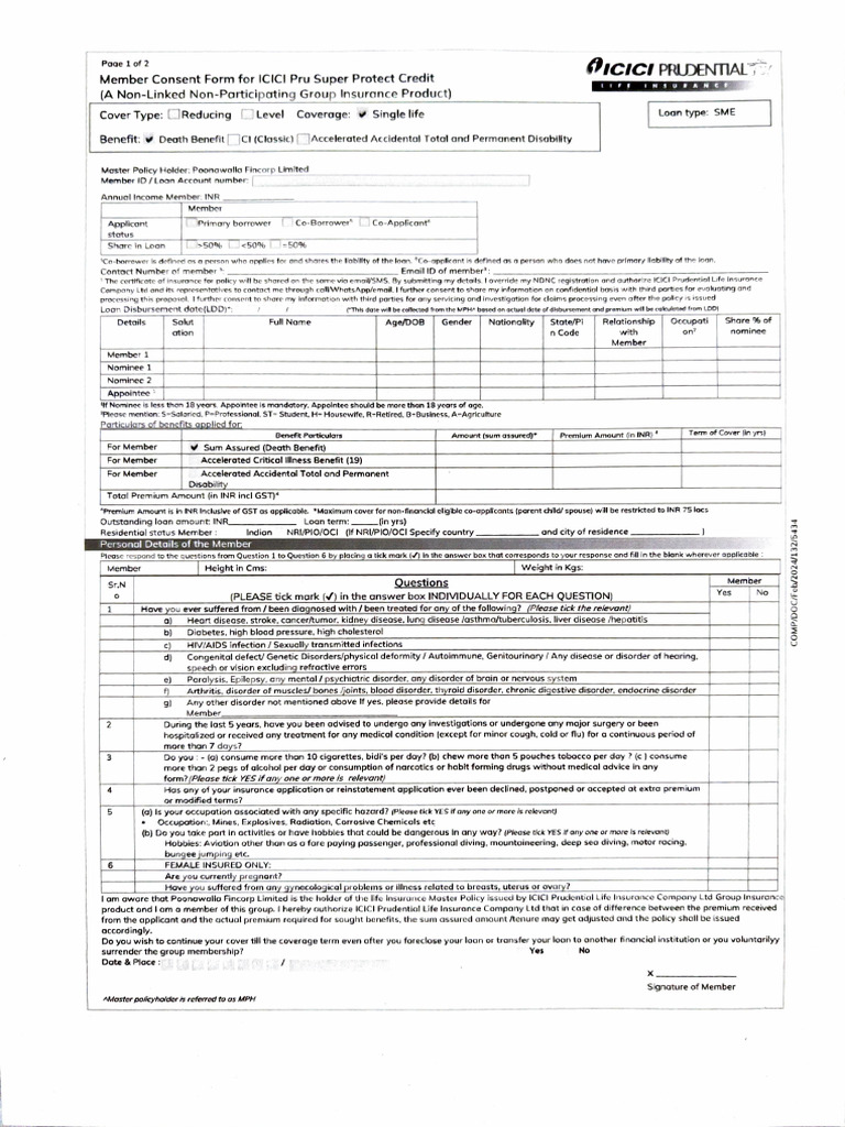 Insurance Form Poonawalla | PDF