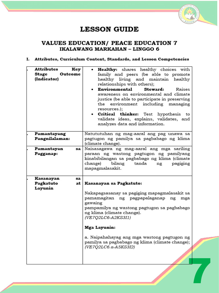 Lesson Guide: Values Education/ Peace Education 7 | PDF