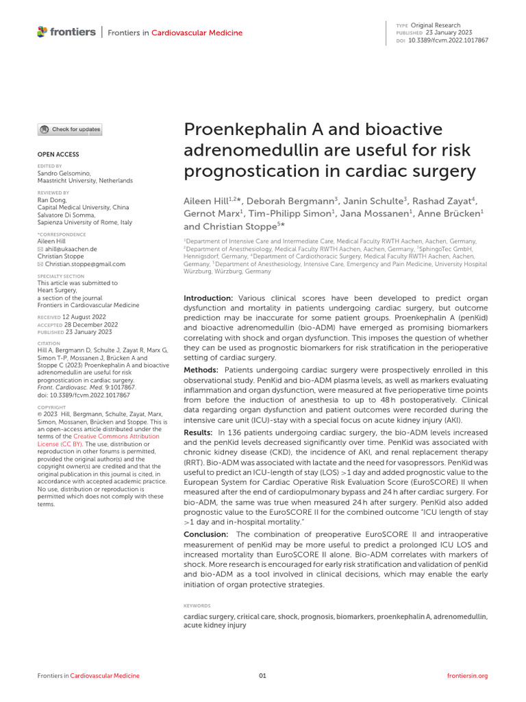 Proenkephalin A and Bioactive Adrenomedullin Are Useful For Risk ...