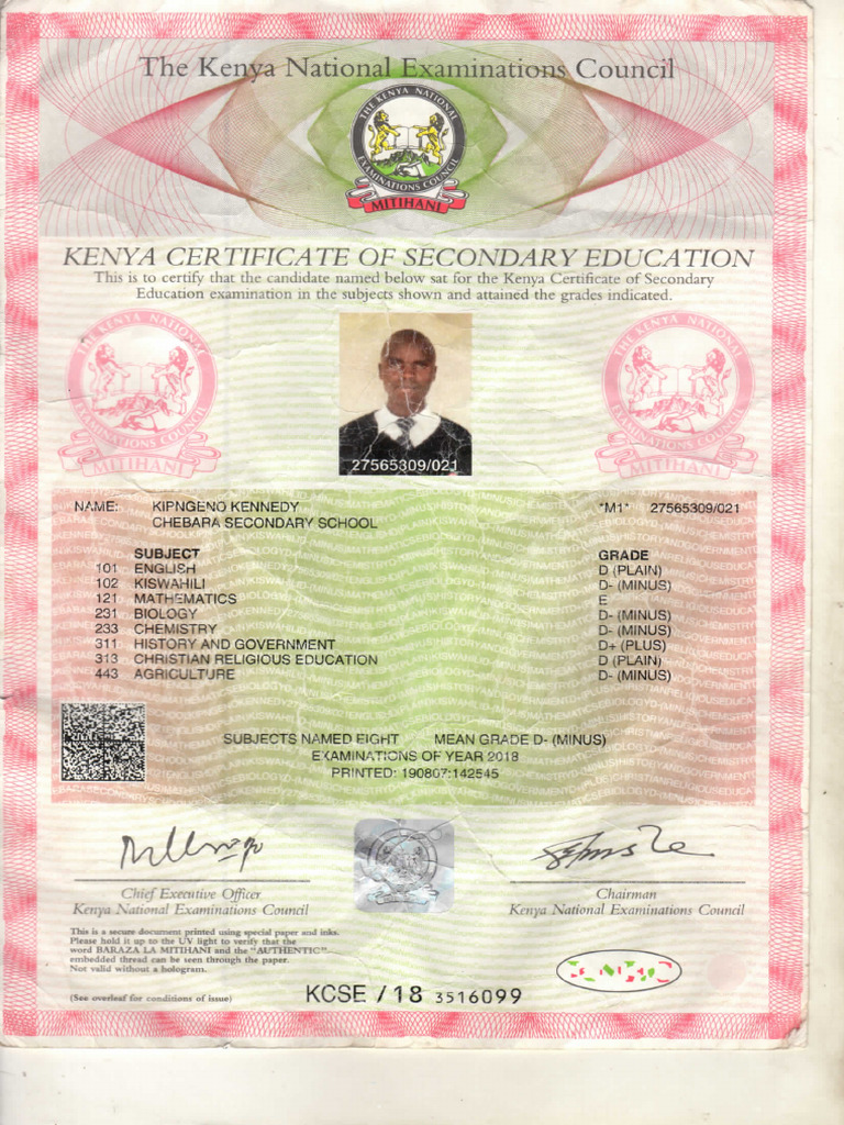 K C S E Certificate Pdf