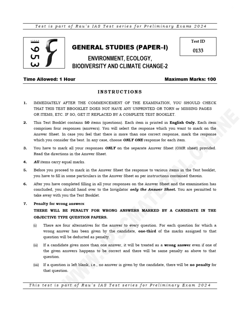 Raus IAS Prelims 2024 Test 26 (Upscmaterial - Online) | PDF