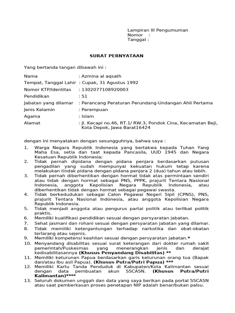 Draft Surat Pernyataan Pegawai Negeri Sipil 2024 | PDF