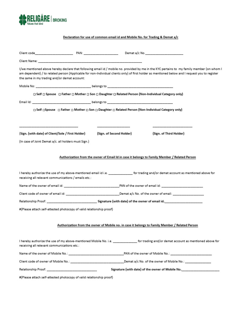 Declaration for common email id and mobile no pdf