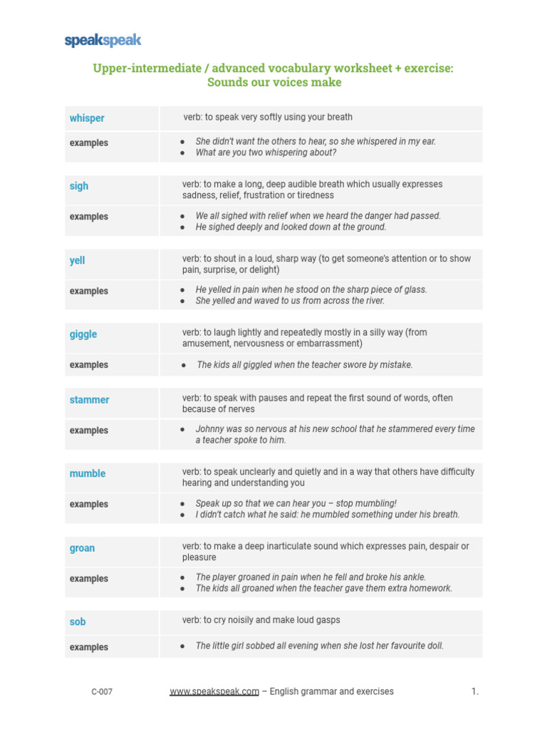 C 007 Handout Vocabulary Sheet Exercise Sounds Our Voices Make C1 | PDF