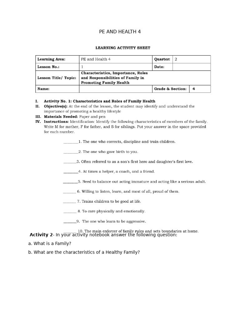 PE AND HEALTH 4-Q2 WEEK 1 Worksheet | PDF