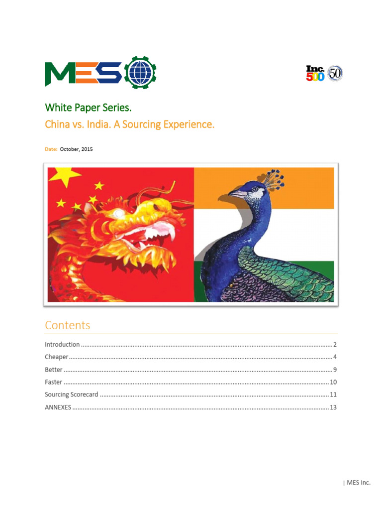 MES White Paper Series China vs. India. A Sourcing Experience | PDF
