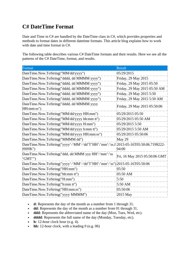 C# Formati Za Datetime Uputstvo | PDF