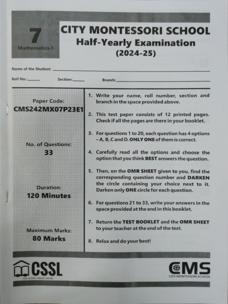 Class 7 Maths - 1 - HY 24-25 | PDF | Mathematics