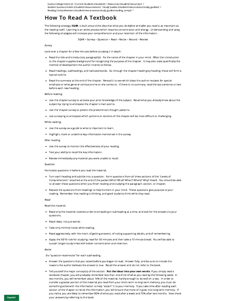 How To Read A Textbook Cuesta College San Luis | PDF | Reading ...