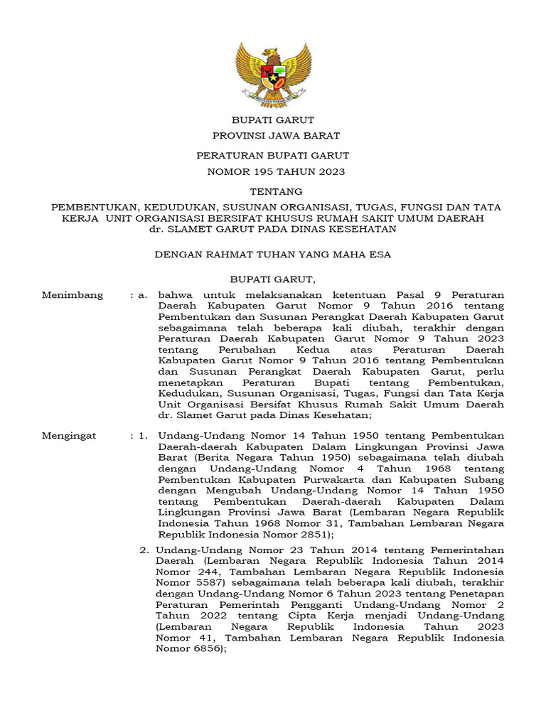 Perda No 195 TH 2023 TTG Sotk Uobk Rsud Dr. Slamet Garut | PDF
