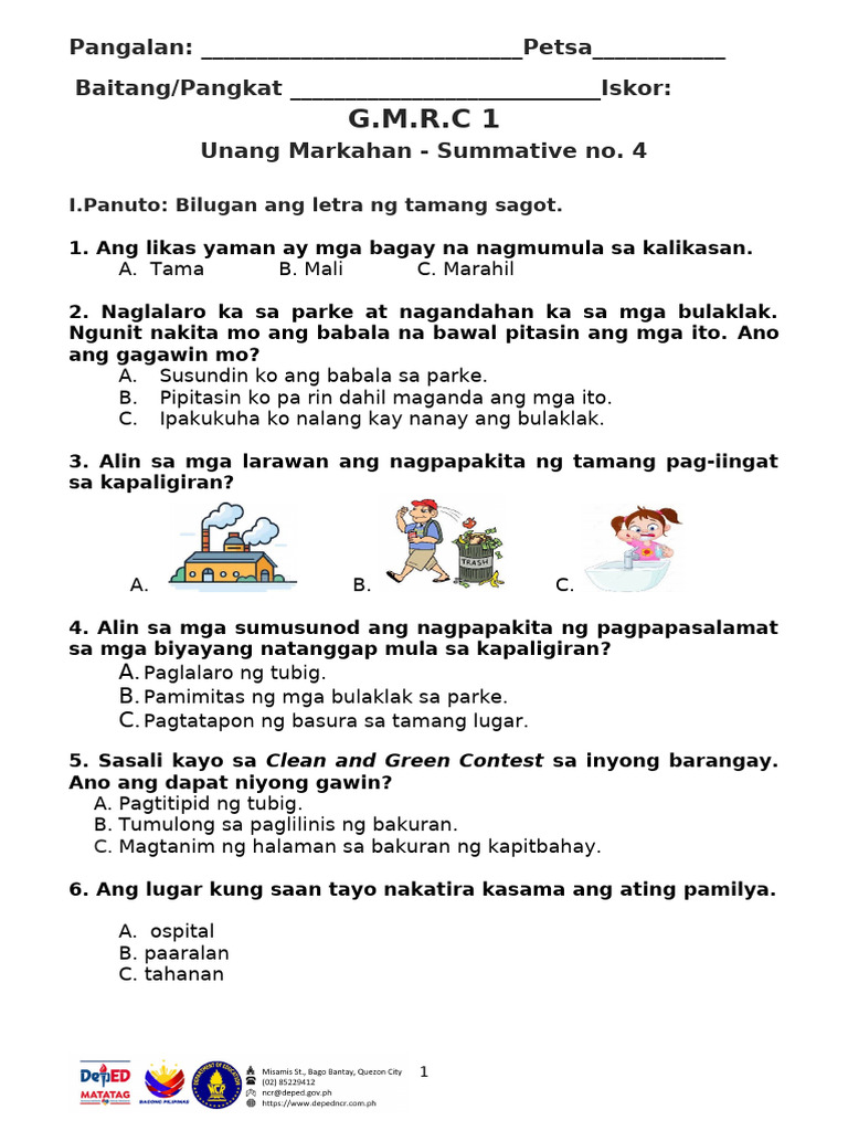Grade 4 GMRC Summative Test Q1 | PDF | Self-Improvement | Wellness