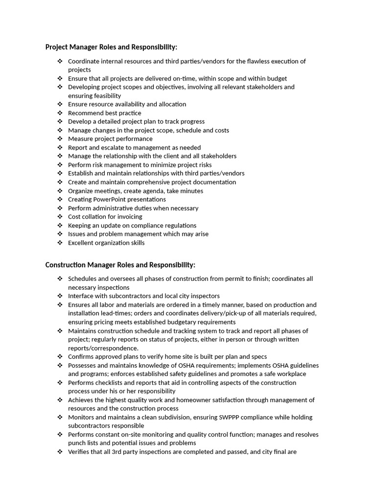 Construction Team Roles and Responsibility | PDF