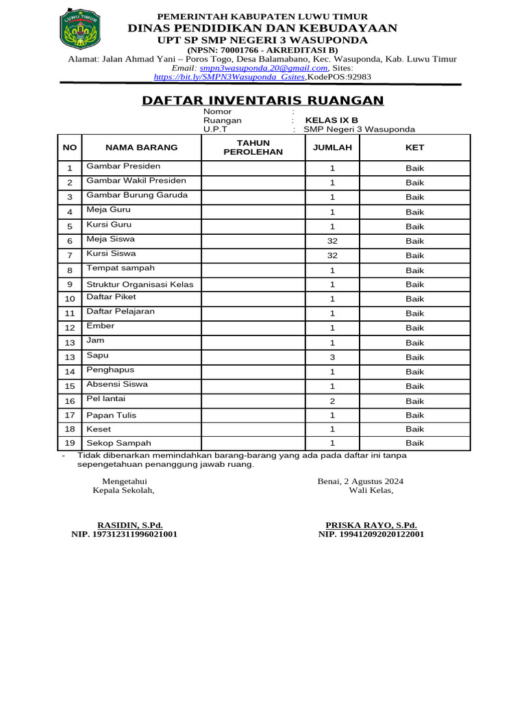 Daftar Inventaris Ruangan Kelas IX B | PDF