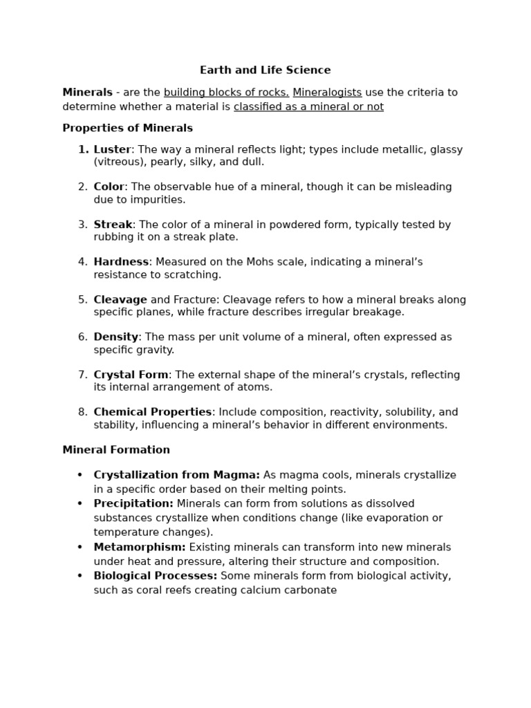 Earth and Life Science Minerals Properties of Minerals 1. Luster | PDF