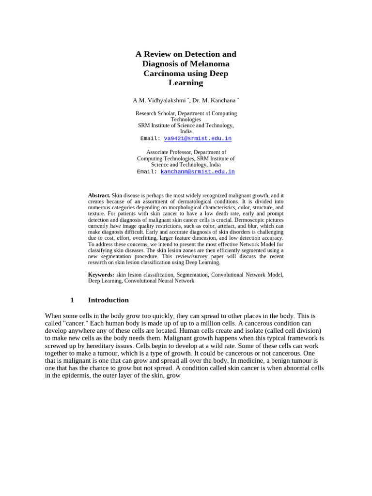 A Review On Detection And Diagnosis Of Melanoma Carcinoma Using Deep