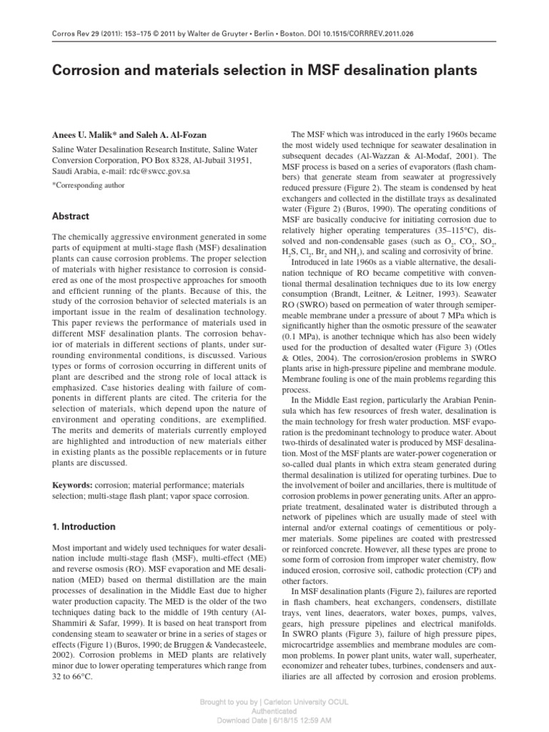 Corrosion and Materials Selection in MSF | PDF
