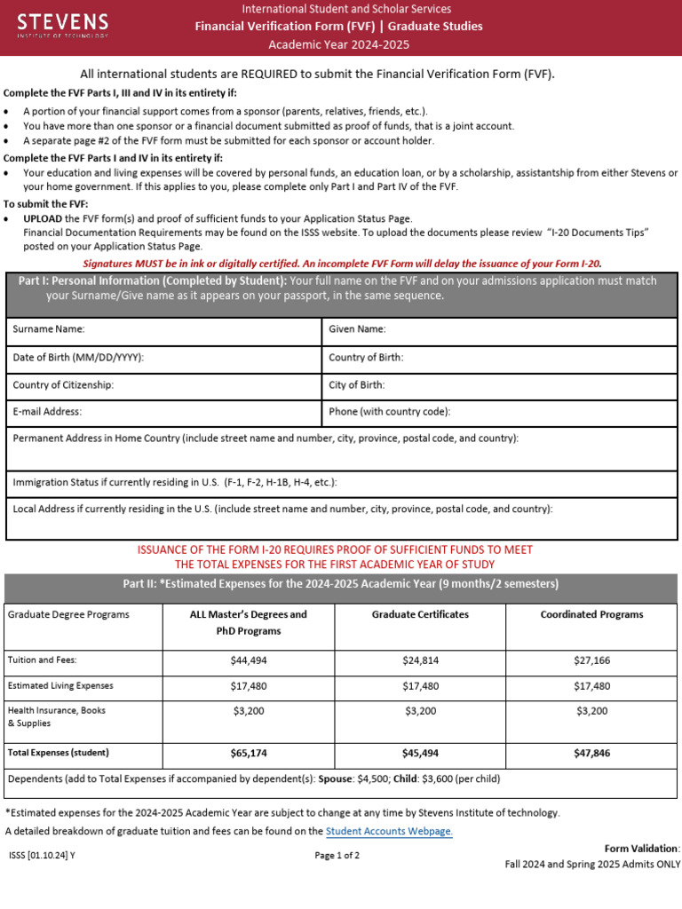 Graduate Financial Verification Form 2024-2025 1 | PDF