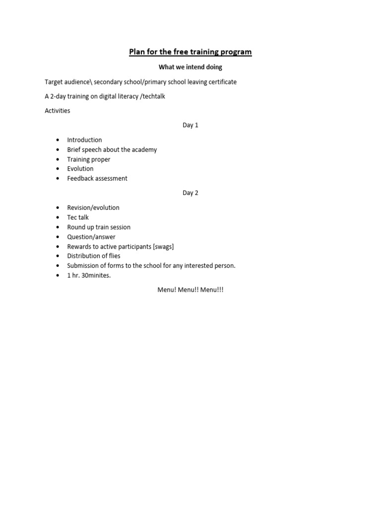 Plan For The Free Training Program | PDF