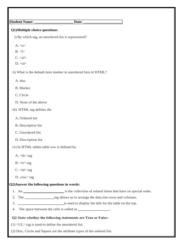 Html class 8 worksheet pdf