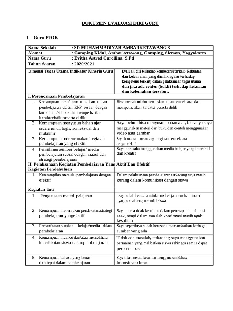 Evaluasi Diri Guru SD Muhammadiyah | PDF | Karier & Perkembangan ...