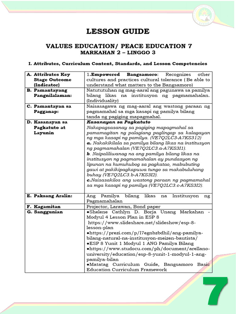 Lesson Guide: Values Education/ Peace Education 7 | PDF