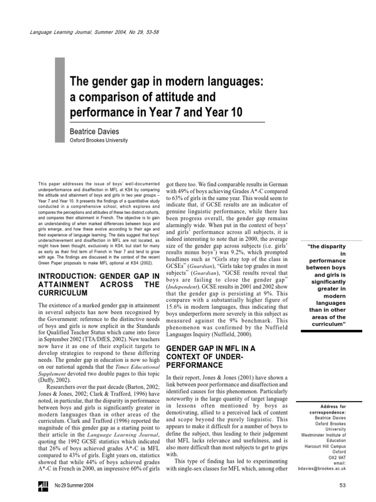 Gender Gap in MFL Performance Analysis | PDF | Language Education ...