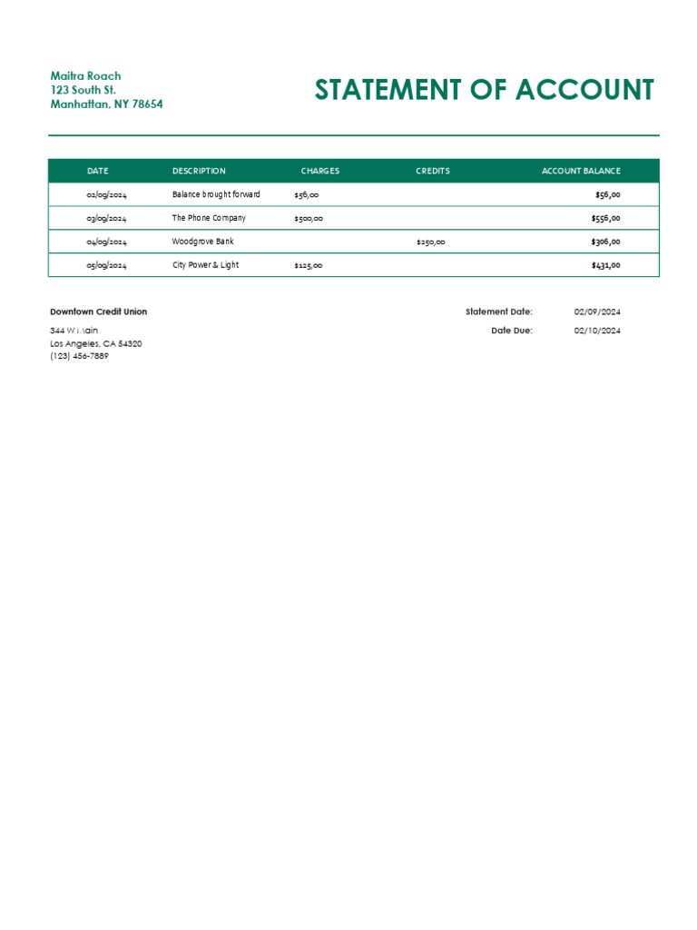 Statement of Account: Maitra Roach 123 South St. Manhattan, NY 78654 | PDF