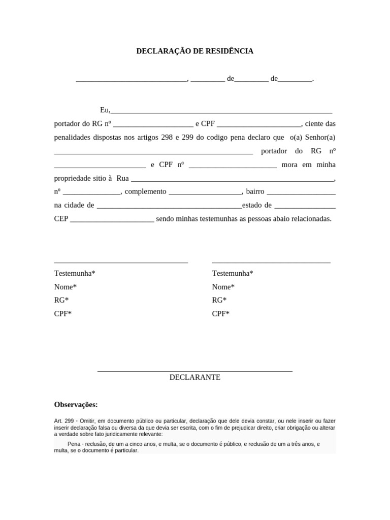 MODELO-DE-DECLARACAO-DE-RESIDENCIA para Preencher | PDF