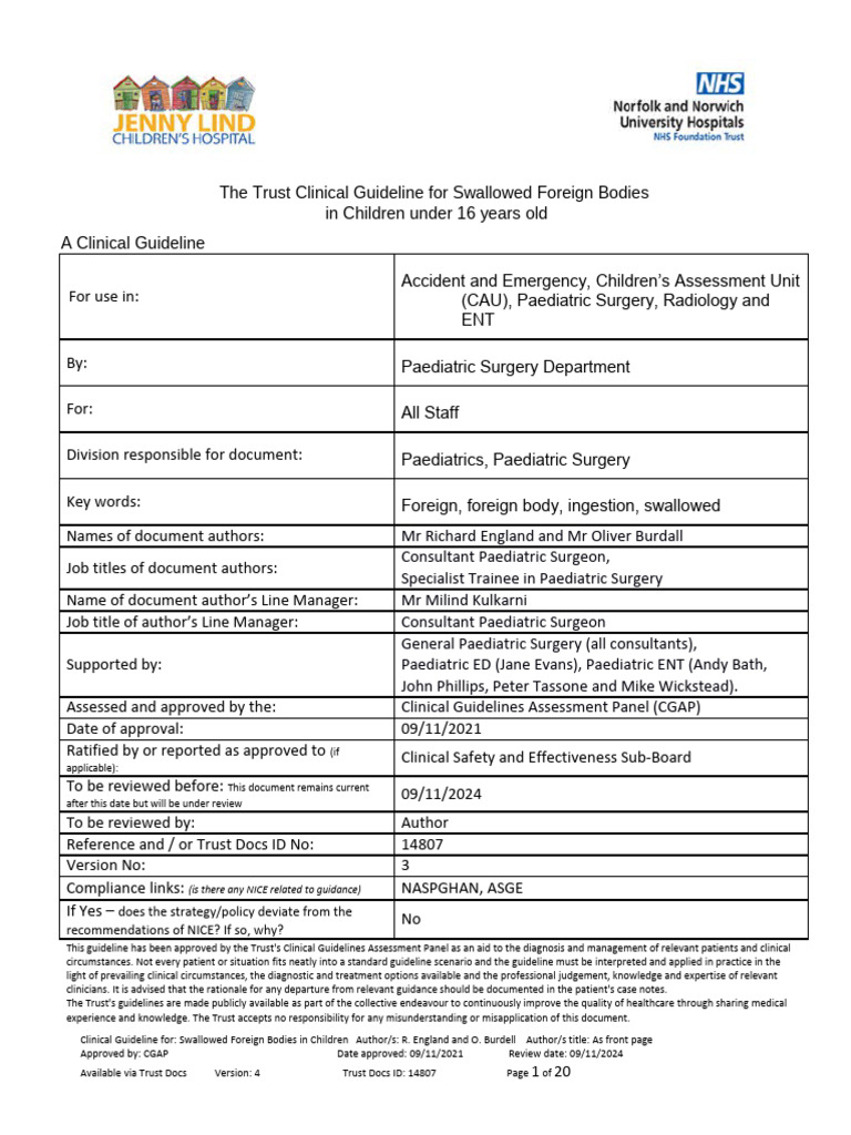 Trust Guideline For Swallowed Foreign Bodies in Children Under 16 Years ...
