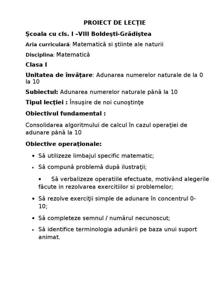 Proiect De Lecţie Mate I 0 10 Insp