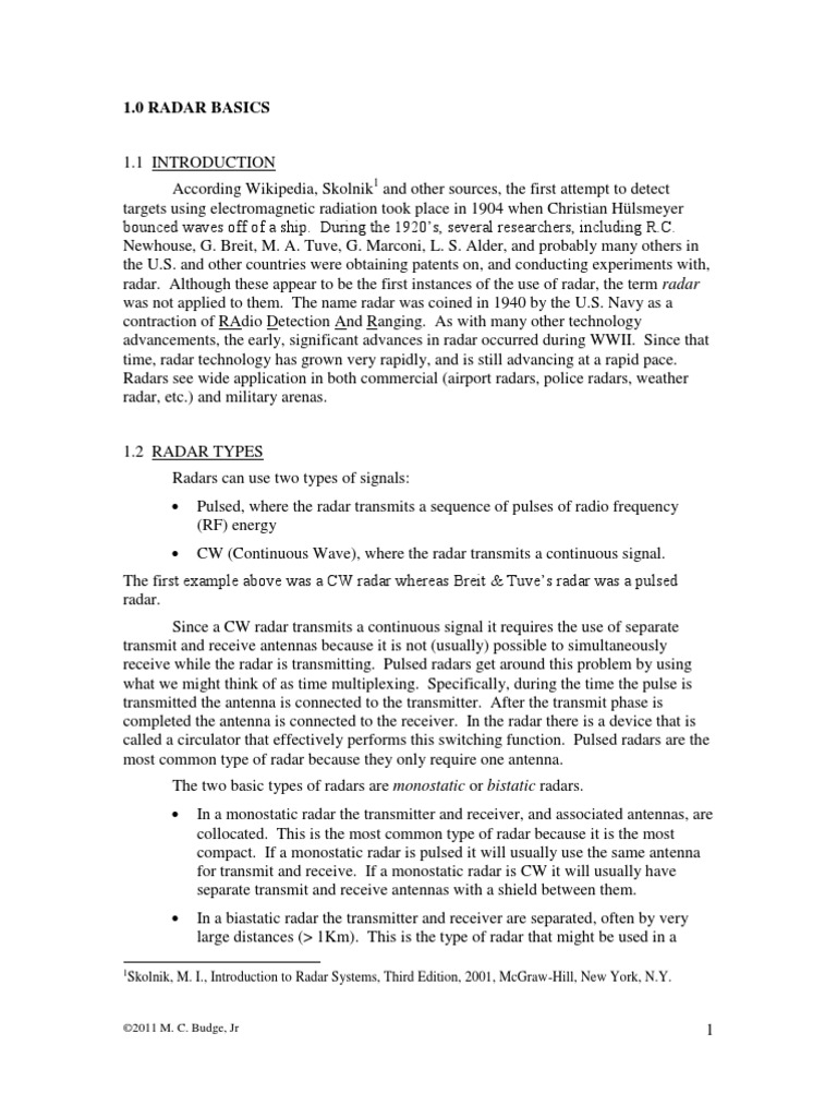 1.0 Radar Basics Skolnik, M. I., Introduction To Radar Systems, Third