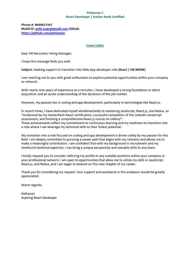 Cover Letter: Aspiring React Developer | PDF | Computing | Computers