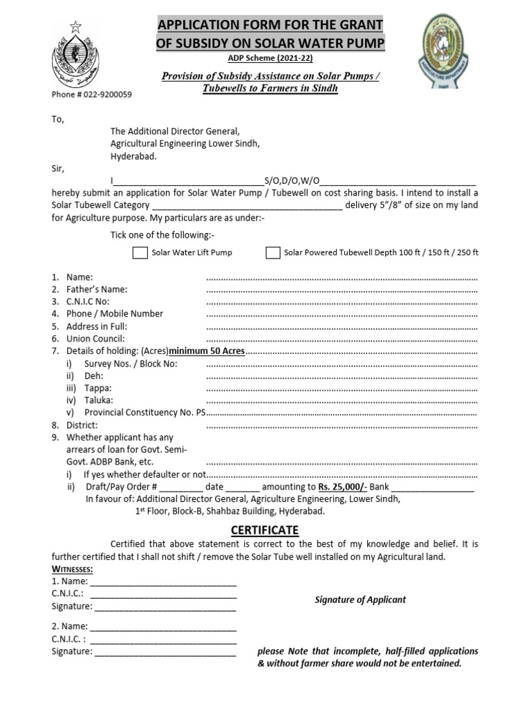 Application Form Solar Tubewells | PDF